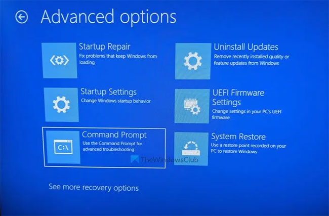 Nhấp vào Advanced options > Command Prompt