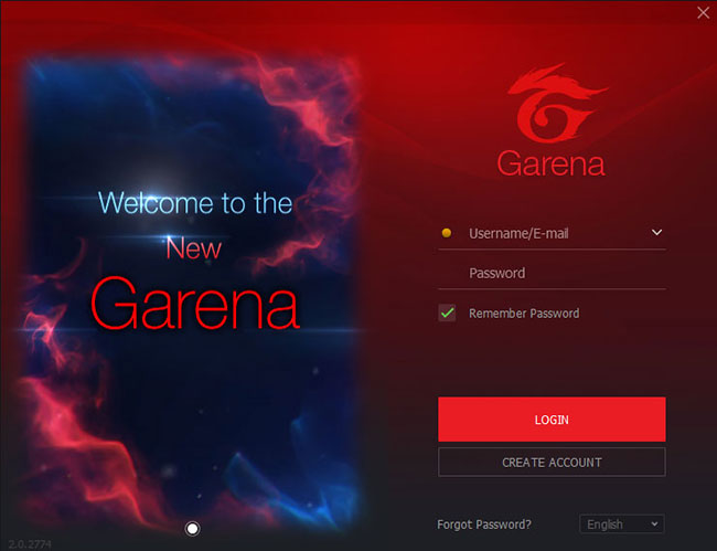 Giao diện đăng nhập ứng dụng Garena