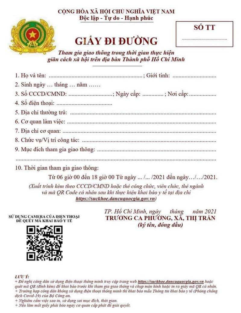 Mẫu giấy đi đường TP. Hồ Chí Minh