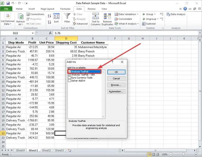 Kích hoạt add-in Data Analysis ToolPak