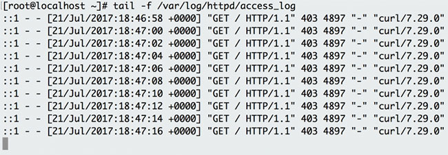 Sử dụng tail -f để theo dõi nhật ký HTTP Apache và xem các yêu cầu khi chúng xảy ra