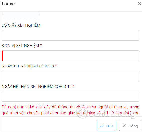 Nhập thông tin người lái xe