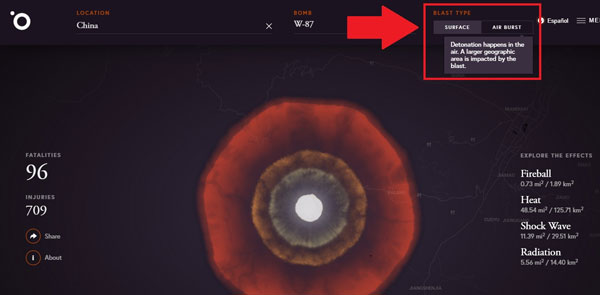 Trang web còn cho người dùng lựa chọn cho bom nổ khi chạm đất hay nổ trên không