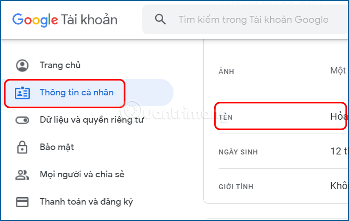 Chọn Thông tin cá nhân