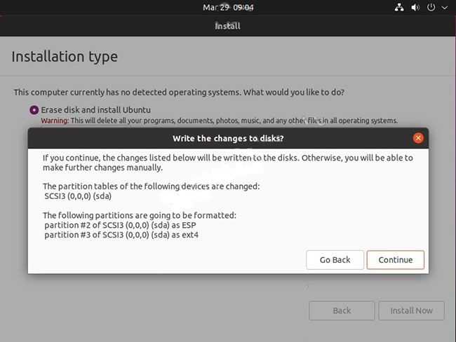 Agree to erase the drive and install Ubuntu