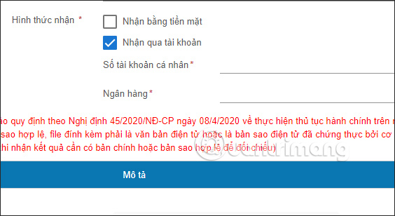 Chọn nhận qua tài khoản
