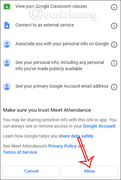 Tiện ích Meet Attendance sử dụng Google Meet