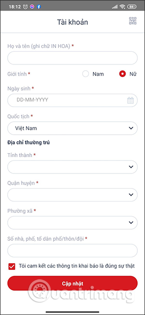 Điền thông tin cá nhân trên VNEID