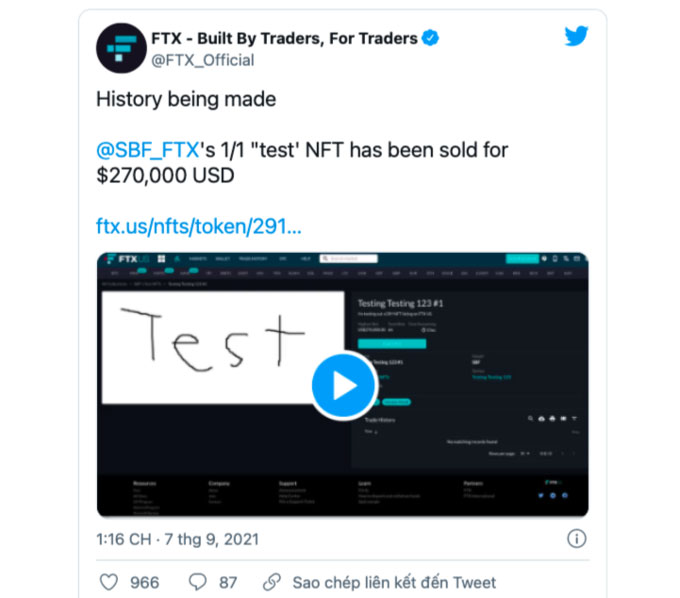 Thông báo của FTX về việc bán thành công NFT chữ "Test" với giá 270.000USD.
