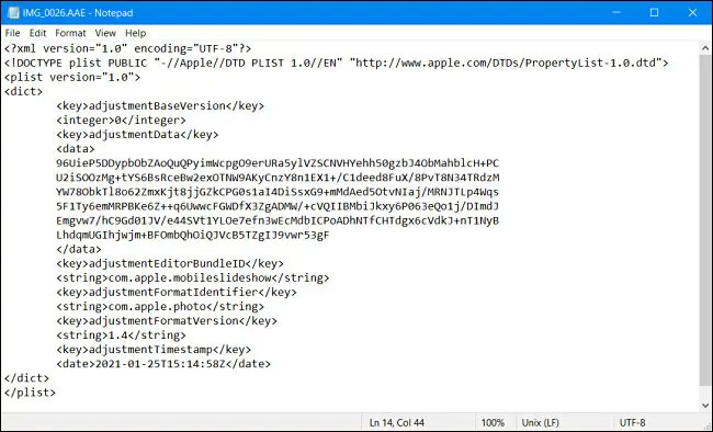 Dữ liệu XML trong tệp AAE