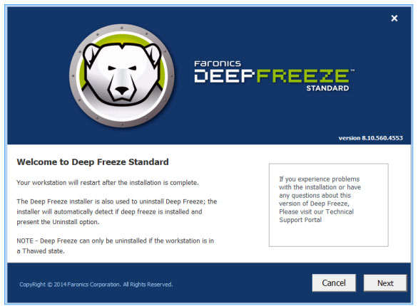 Deep Freeze Standard installation interface