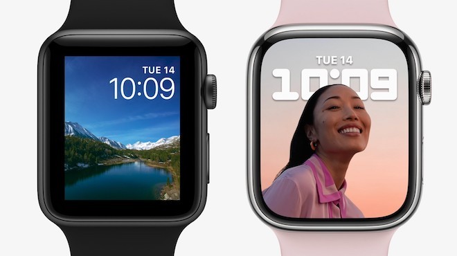 So sánh màn hình Apple Watch Series 6 (trái) với màn hình Apple Watch Series 7