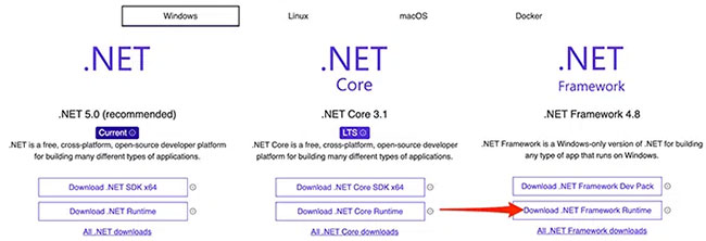 Chọn tùy chọn Download .NET Framework Runtime
