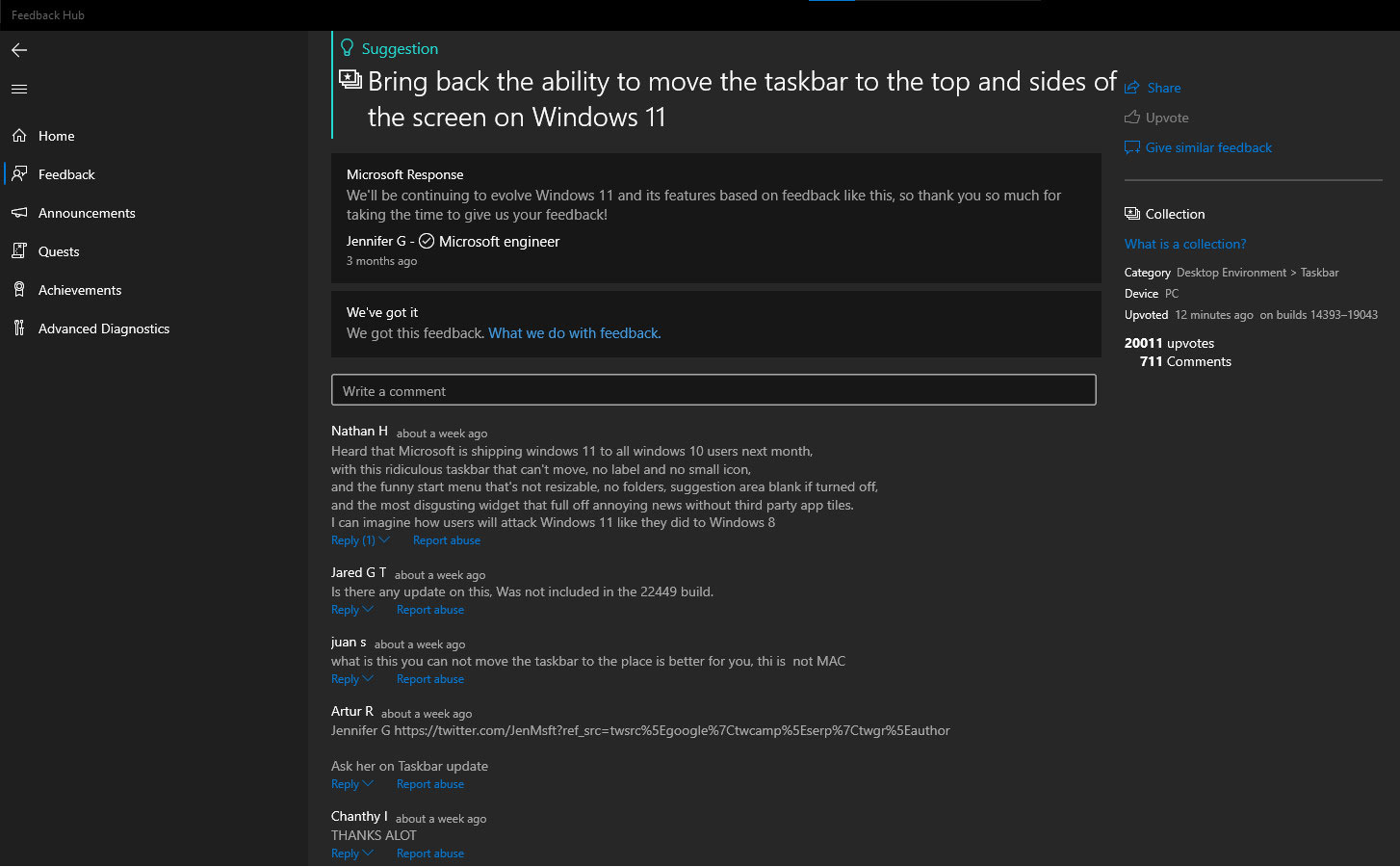 Yêu cầu của người dùng trên Feedback Hub