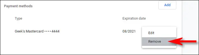 Remove payment card on Chrome