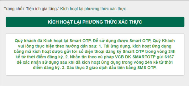 Tin nhắn kích hoạt lại Smart OTP Vietcombank