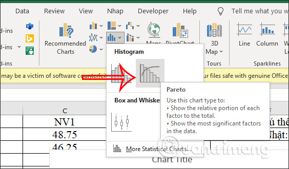 Select a Pareto chart in Excel