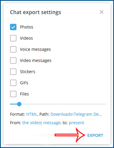Chọn dữ liệu Telegram muốn xuất