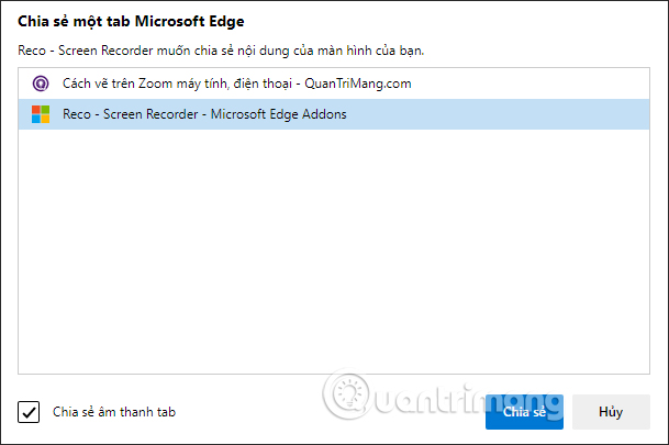 Chia sẻ màn hình đang quay với Reco