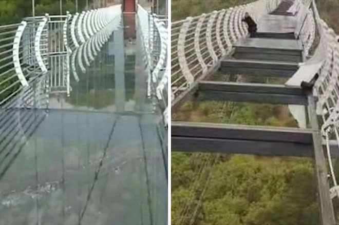 Ngày 7/5/2021, các tấm kính sàn trên cầu thủy tinh cao 100m ở Trung Quốc bị gió mạnh thổi bay khiến một du khách bị mắc kẹt trên đó.