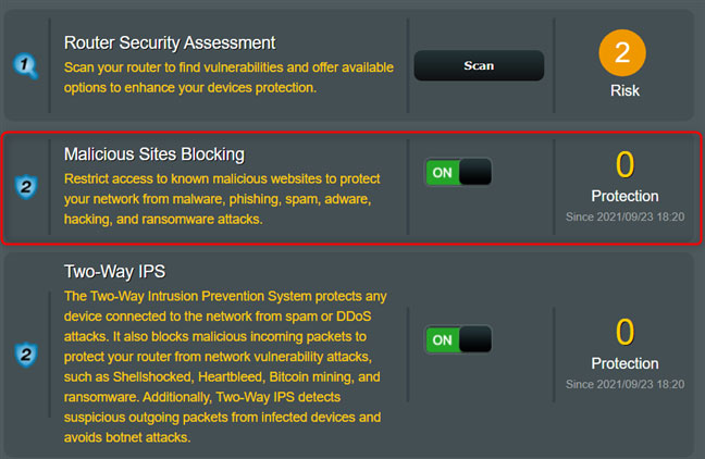 Kích hoạt công tắc Malicious Sites Blocking