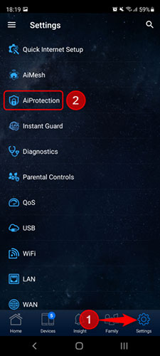 Trong router ASUS, nhấn Settings, sau đó chọn AiProtection