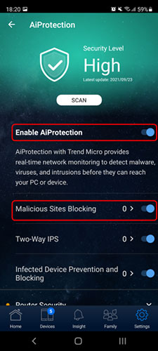 Bật Enable AiProtection and Malicious Sites Blocking