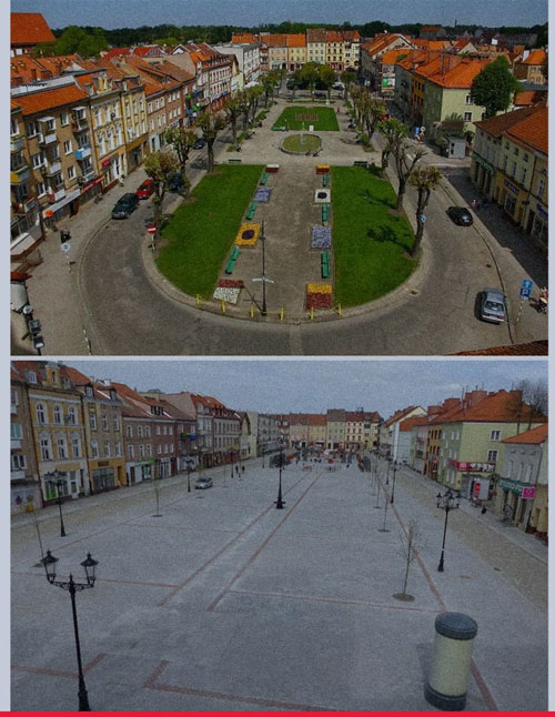 Thảm cỏ, hàng cây xanh tại quảng trường thị trấn ở Bartoszyce, Ba Lan đã bị thay thế bằng bê tông.