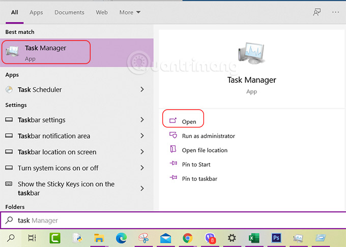 Mở Task Manager từ Windows 10 Search Box