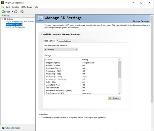 Nhấp vào Manage 3D Settings
