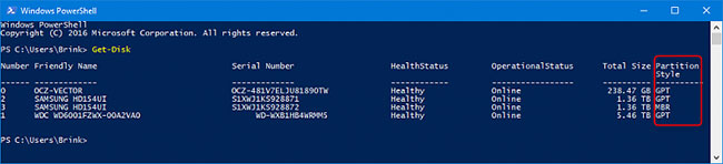 Nhập lệnh Get-Disk để kiểm tra chuẩn ổ cứng trong Powershell