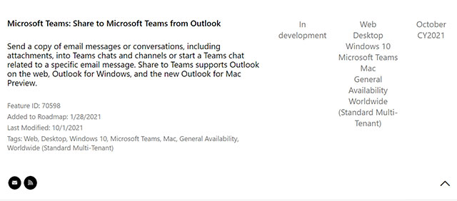 Thông tin từ trang lộ trình cập nhật Microsoft 365