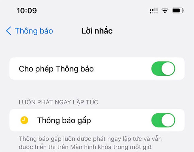 Bật tùy chọn Thông báo gấp