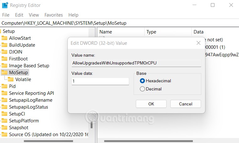 Chỉnh sửa Registr Editor để cài đặt Windows 11 bỏ qua yêu cầu TPM 2.0 và cấu hình phần cứng tối thiểu