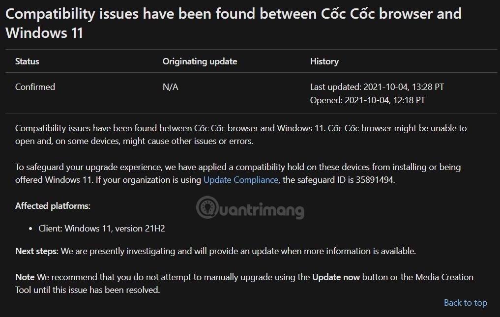 Thông báo lỗi không tương thích giữa Windows 11 và Cốc Cốc của Microsoft