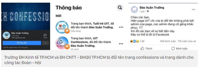 Trang confessions và trang dành cho công tác Đoàn - Hội của trường ĐH Kinh tế TP.HCM và ĐH CNTT - ĐHQG TP.HCM bị đổi tên.