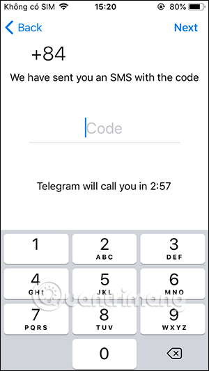 Nhập mã xác minh Telegram