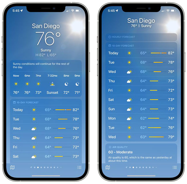 The main view of the weather app on iOS 15