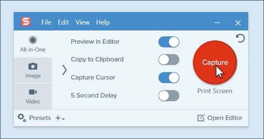 Nhấn phím Print Screen hoặc nhấp vào nút màu đỏ để chọn phần màn hình muốn chụp