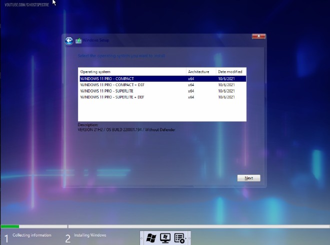 Giao diện chọn phiên bản của Windows 11 Pro - SuperLite/Compact