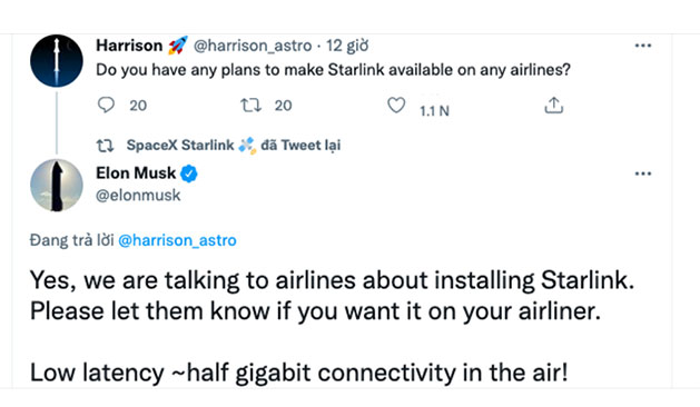 Tiết lộ của Elon Musk trên Twitter về việc hợp tác với các hãng hàng không về Starlink.