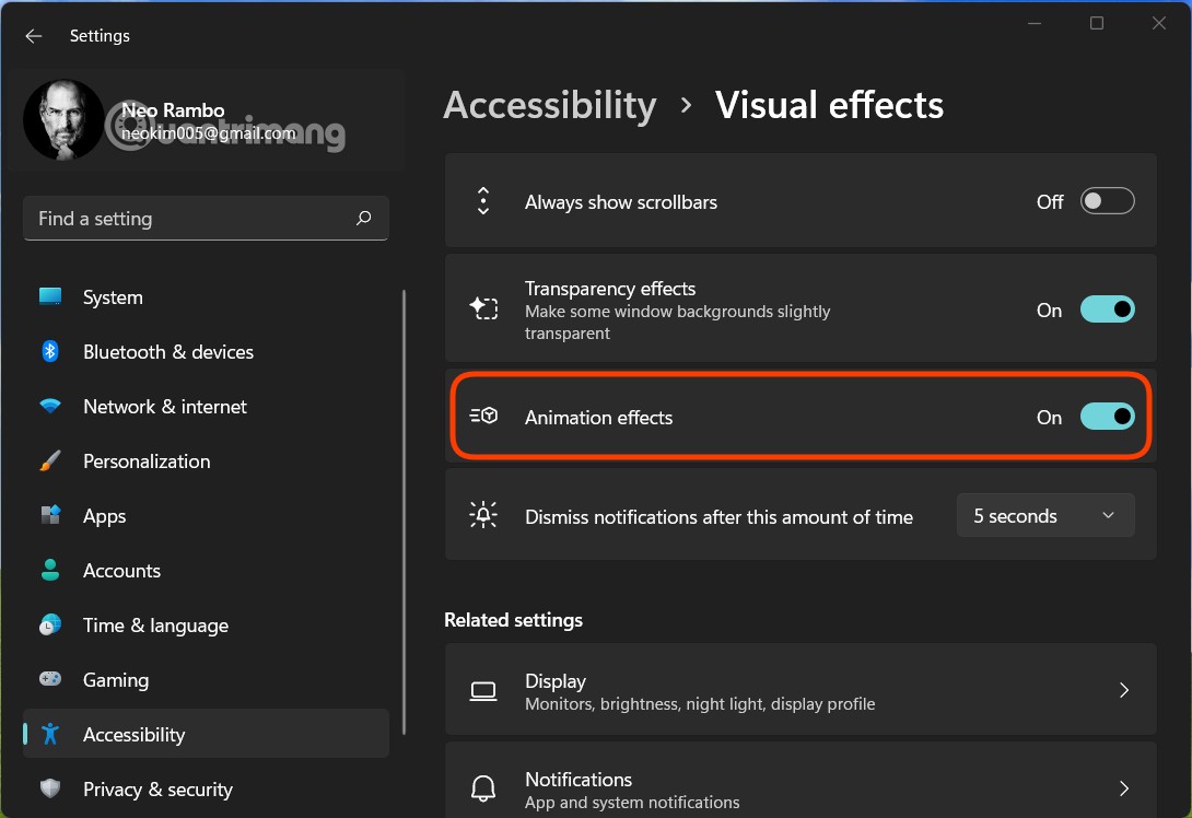 How to turn off all animation effects on Windows 11 to smoothen the computer