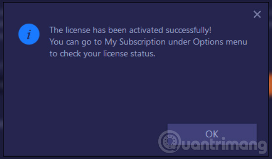 Thông báo kích hoạt thành công phần mềm