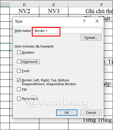 Enter a name for the cell border in Excel 