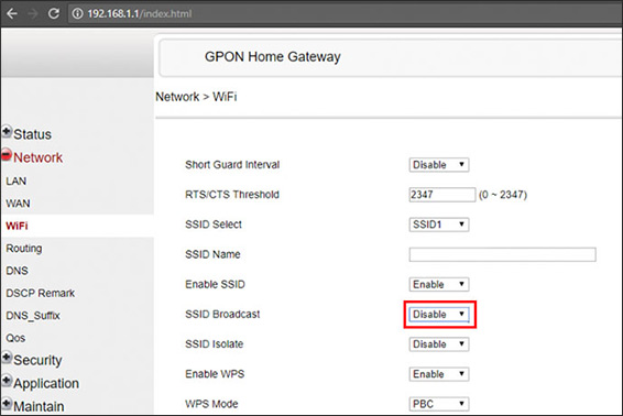 Hide SSID of FPT modem network with 4 ports and 2 antennas