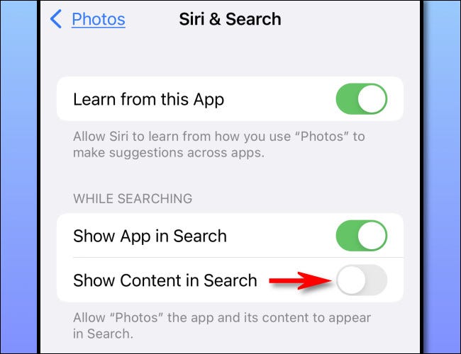 Tắt tùy chọn “Show Content in Search"