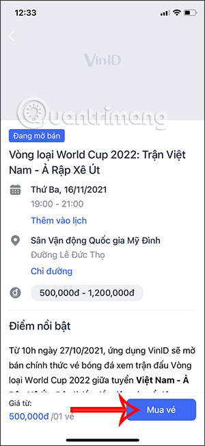 Nhấn chọn Mua vé