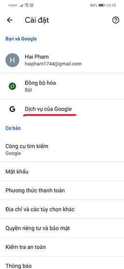 Nhấn vào mục “Dịch vụ của Google”