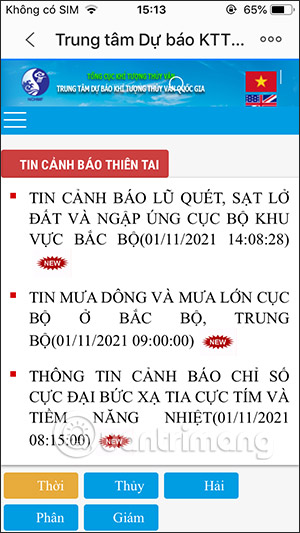 Thông tin thời tiết trên Trung tâm dự báo KTTV quốc gia