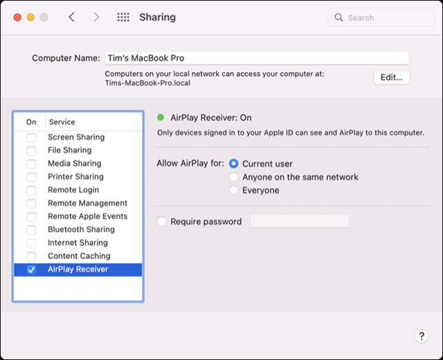 Nhấp vào “AirPlay Receiver” 
